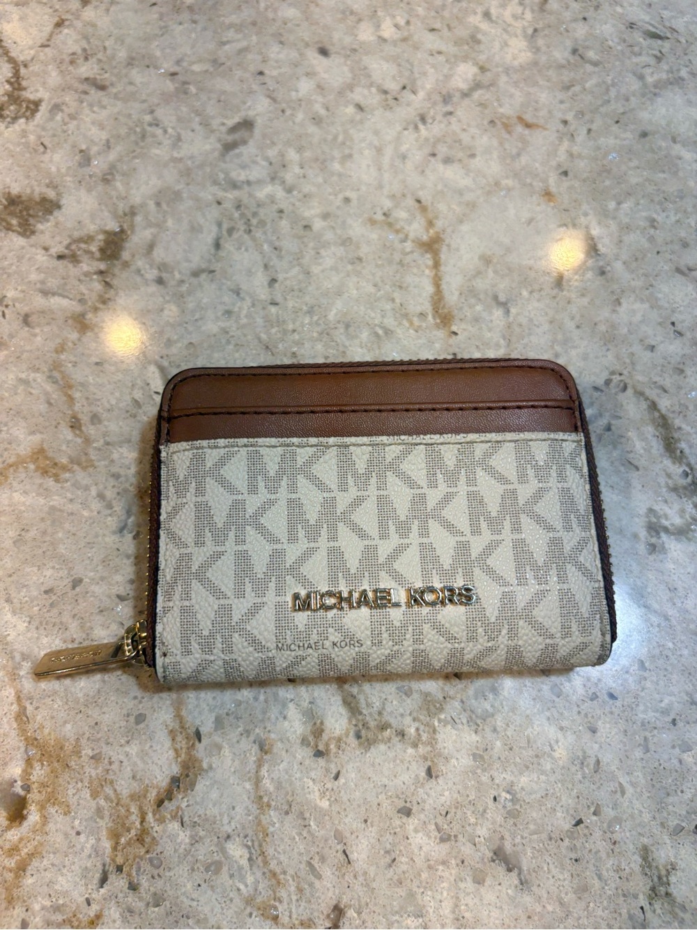 Michael Kors Signature Zip Card Case Wallet in Brown/Cream